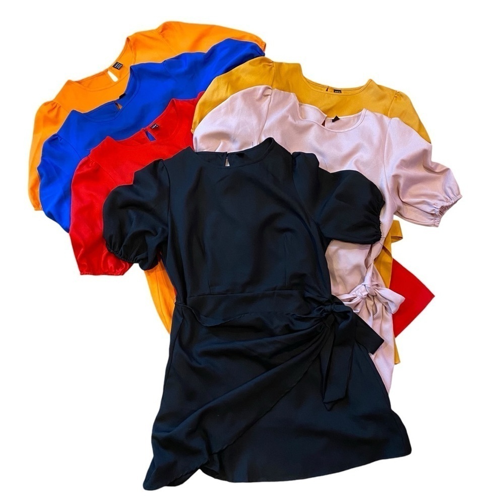 7 for 1 Multiple Colored SHEIN Women Solid Puff Short Sleeve Tie Front Dress XL